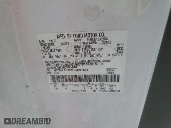 2011 Ford F-150 XL with VIN 1FTMF1CM7BKD07547, listed as a Copart auction lot 58518085 with 114,195 mi miles and Clean title. Bid and sale history available at DreamBid. Image 12.