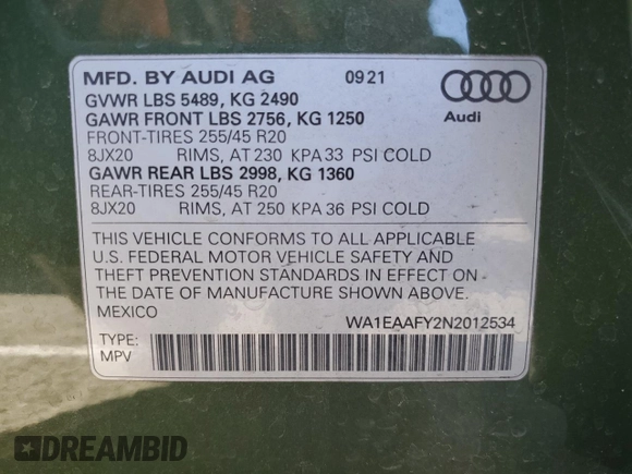 2022 Audi Q5 S line Premium Plus with VIN WA1EAAFY2N2012534, listed as a Copart auction lot 65381612 with 9,714 mi miles and . Bid and sale history available at DreamBid. Image 10.