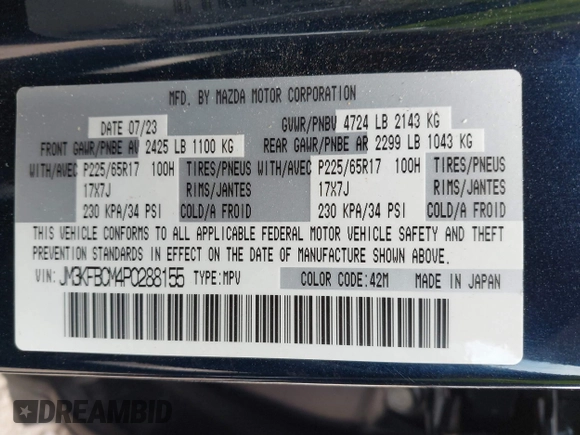 2023 Mazda CX-5 S Carbon Edition z VIN JM3KFBCM4P0288155, wystawiony jako IAAI lot #41501030 z przebiegiem 26 516 mil mil oraz . Historia ofert i sprzedaży dostępna na DreamBid. Obrazek 9.