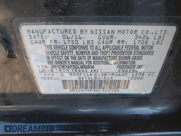 2016 Nissan Versa S Plus with VIN 3N1CN7AP3GL905934, listed as a IAAI auction lot 41379543 with Not Provided miles. Bid and sale history available at carsss.com. Image 9.