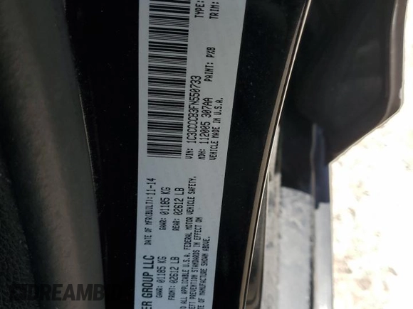2015 Chrysler 200 C with VIN 1C3CCCCB3FN550733, listed as a Copart auction lot 54972845 with 86,902 mi miles and Clean Title. Bid and sale history available at DreamBid. Image 12.