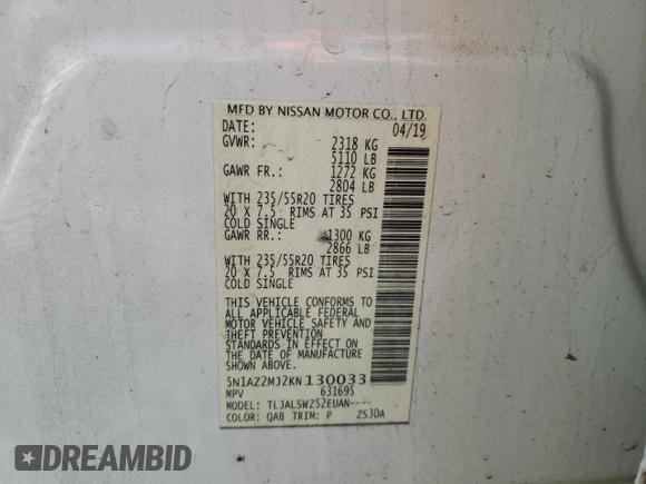 2019 Nissan Murano SL z VIN 5N1AZ2MJ2KN130033, wystawiony jako Copart lot #83350424 z przebiegiem 108 054 mil mil oraz Szkoda całkowita • Salvage title. Historia ofert i sprzedaży dostępna na DreamBid. Obrazek 13.
