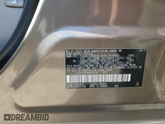 2011 Toyota RAV4 Limited with VIN 2T3DF4DV1BW141378, listed as a Copart auction lot 58065375 with 105,454 mi miles and Salvage title. Bid and sale history available at DreamBid. Image 13.