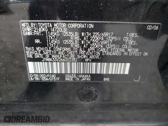 2006 Toyota RAV4 with VIN JTMBK33V266002382, listed as a Copart auction lot 86189814 with 131,431 mi miles and Salvage Title. Bid and sale history available at carsss.com. Image 13.