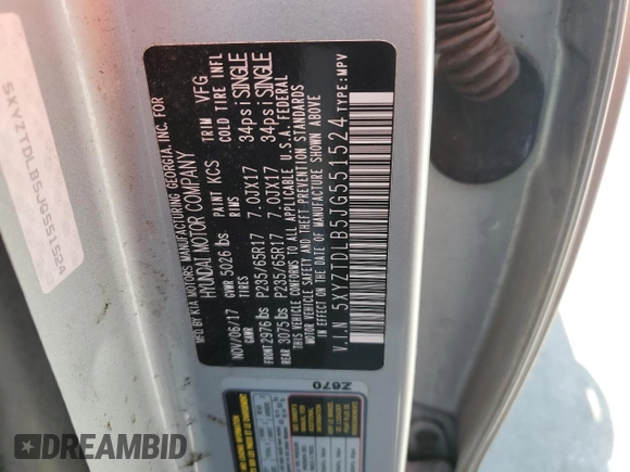 2018 Hyundai Santa Fe 2.4L z VIN 5XYZTDLB5JG551524, wystawiony jako Copart lot #57170985 z przebiegiem 139 248 mil mil oraz Szkoda całkowita • Salvage title. Historia ofert i sprzedaży dostępna na DreamBid. Obrazek 14.