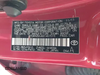 2011 Toyota Prius I with VIN JTDKN3DU6B1467073, listed as a IAAI auction lot 41936439 with 283,623 mi miles. Bid and sale history available at carsss.com. Image 9.