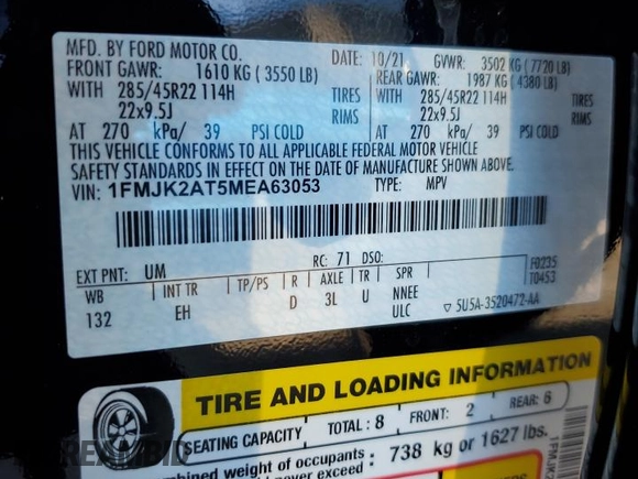 2021 Ford Expedition Max Limited with VIN 1FMJK2AT5MEA63053, listed as a Copart auction lot 60145835 with 39,783 mi miles and Salvage title. Bid and sale history available at DreamBid. Image 13.