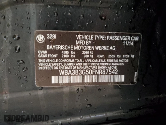 2015 BMW 3 Series 328i xDrive with VIN WBA3B3G50FNR87542, listed as a Copart auction lot 54045805 with 96,696 mi miles and Clean title. Bid and sale history available at DreamBid. Image 12.