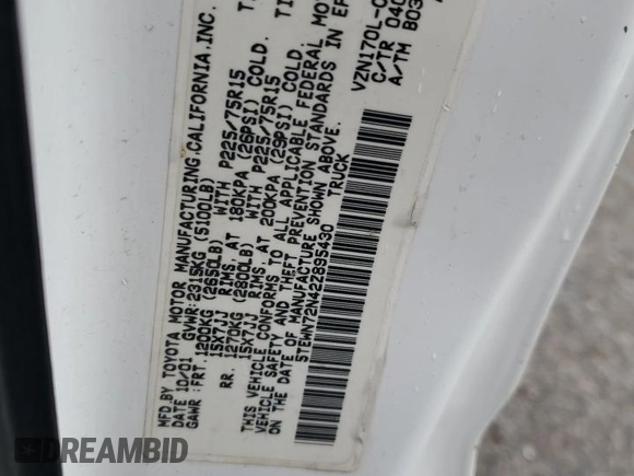 2002 Toyota Tacoma z VIN 5TEWN72N42Z895430, wystawiony jako Copart lot #57458155 z przebiegiem Nie podano mil oraz Szkoda całkowita • Salvage title. Historia ofert i sprzedaży dostępna na DreamBid. Obrazek 12.