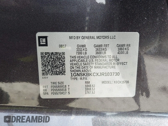 2018 Chevrolet Tahoe LT with VIN 1GNSKBKCXJR103730, listed as a IAAI auction lot 42125208 with 212,360 mi miles and . Bid and sale history available at DreamBid. Image 9.