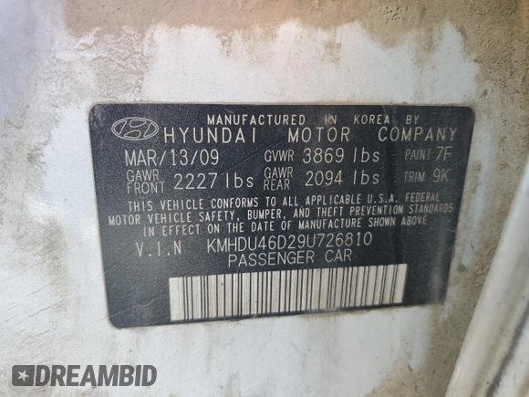 2009 Hyundai Elantra SE z VIN KMHDU46D29U726810, wystawiony jako Copart lot #48394825 z przebiegiem 172 611 mil mil oraz Szkoda całkowita • Salvage title. Historia ofert i sprzedaży dostępna na DreamBid. Obrazek 12.