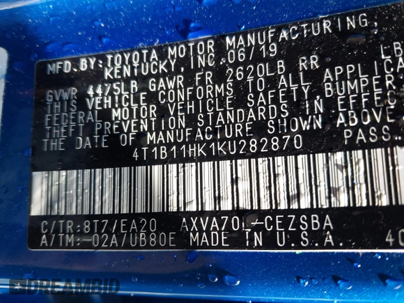 2019 Toyota Camry LE z VIN 4T1B11HK1KU282870, wystawiony jako IAAI lot #41799625 z przebiegiem 63 977 mil mil oraz . Historia ofert i sprzedaży dostępna na DreamBid. Obrazek 9.