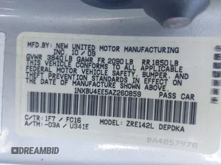 2010 Toyota Corolla with VIN 1NXBU4EE5AZ260859, listed as a IAAI auction lot 41647848 with 129,074 mi miles and . Bid and sale history available at DreamBid. Image 9.