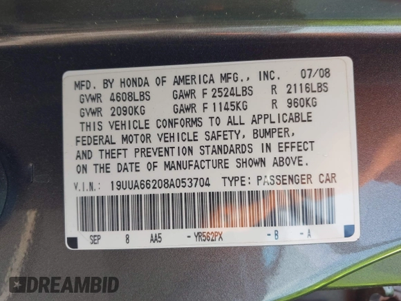 2008 Acura TL with VIN 19UUA66208A053704, listed as a IAAI auction lot 42133005 with 143,019 mi miles. Bid and sale history available at carsss.com. Image 9.
