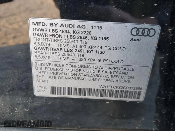 2016 Audi Q3 Premium Plus with VIN WA1EFCFS2GR012956, listed as a Copart auction lot 77747174 with 14,411 mi miles and Salvage Title. Bid and sale history available at carsss.com. Image 13.