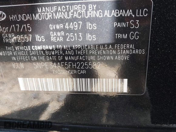 2015 Hyundai Sonata Limited with VIN 5NPE34AF5FH225582, listed as a IAAI auction lot 42155680 with 144,630 mi miles and . Bid and sale history available at carsss.com. Image 9.