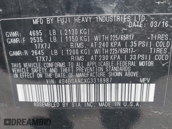2016 Subaru Outback 2.5i с VIN 4S4BSAACXG3318987, выставлен на аукционе IAAI как лот 42235618 с пробегом 214 877 миль миль и . История ставок и продаж доступна на DreamBid. Изображение 9.