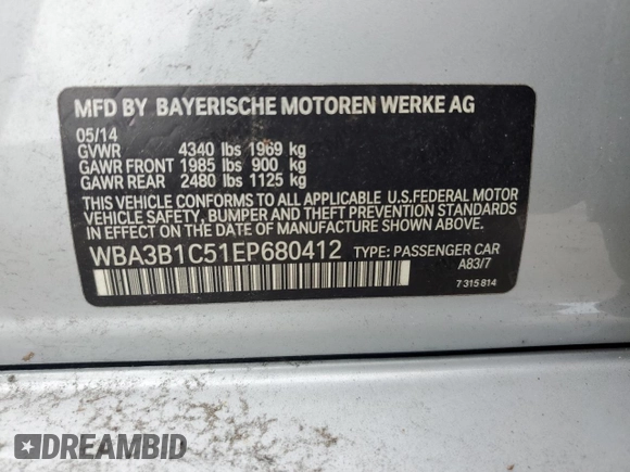 2014 BMW 3 Series 320i z VIN WBA3B1C51EP680412, wystawiony jako Copart lot #63587815 z przebiegiem 88 097 mil mil oraz Czysty tytuł • Clean title. Historia ofert i sprzedaży dostępna na DreamBid. Obrazek 12.