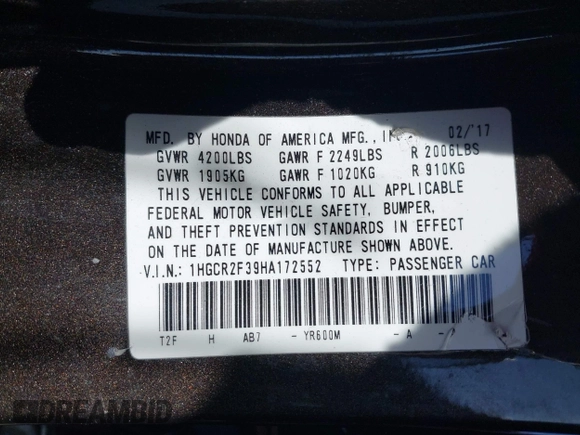 2017 Honda Accord Sedan LX with VIN 1HGCR2F39HA172552, listed as a IAAI auction lot 41965706 with 168,891 mi miles. Bid and sale history available at carsss.com. Image 9.