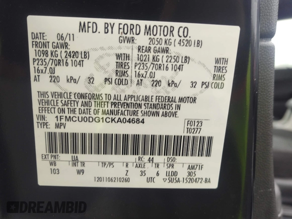 2012 Ford Escape XLT with VIN 1FMCU0DG1CKA04684, listed as a IAAI auction lot 42502108 with 143,138 mi miles and . Bid and sale history available at DreamBid. Image 9.