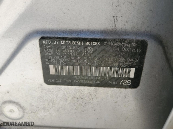 2015 Mitsubishi Mirage DE with VIN ML32A3HJ3FH048058, listed as a Copart auction lot 41927125 with 0 miles and Salvage Title. Bid and sale history available at carsss.com. Image 12.