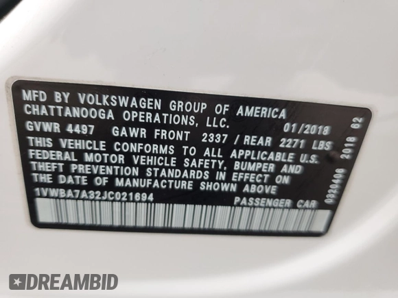 2018 Volkswagen Passat SE z VIN 1VWBA7A32JC021694, wystawiony jako Copart lot #57619625 z przebiegiem 113 172 mil mil oraz Szkoda całkowita • Salvage title. Historia ofert i sprzedaży dostępna na DreamBid. Obrazek 12.