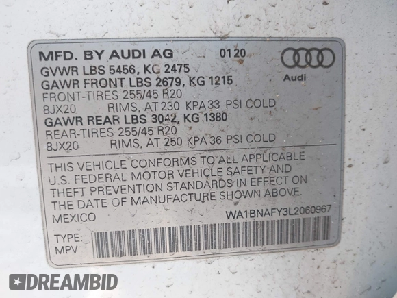 2020 Audi Q5 Premium Plus with VIN WA1BNAFY3L2060967, listed as a IAAI auction lot 41344576 with 74,755 mi miles. Bid and sale history available at carsss.com. Image 9.