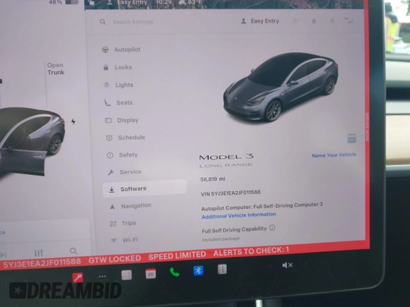 2018 Tesla Model 3 Long Range Battery z VIN 5YJ3E1EA2JF011588, wystawiony jako IAAI lot #42304226 z przebiegiem 56 819 mil mil oraz . Historia ofert i sprzedaży dostępna na DreamBid. Obrazek 7.