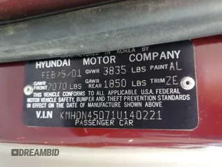 2001 Hyundai Elantra GLS with VIN KMHDN45D71U140221, listed as a Copart auction lot 54695955 with 107,725 mi miles and Salvage title. Bid and sale history available at DreamBid. Image 12.