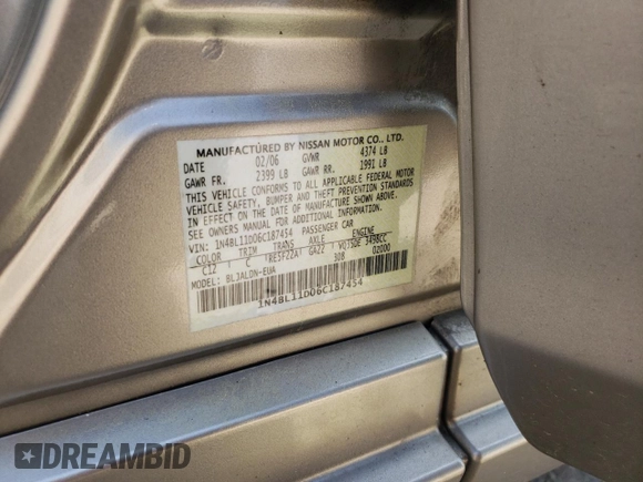 2006 Nissan Altima SL z VIN 1N4BL11D06C187454, wystawiony jako Copart lot #53852605 z przebiegiem 261 204 mil mil oraz Szkoda całkowita • Salvage title. Historia ofert i sprzedaży dostępna na DreamBid. Obrazek 12.