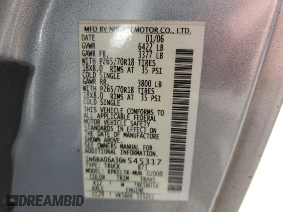2006 Nissan Titan SE with VIN 1N6BA06A36N545317, listed as a Copart auction lot 52316425 with 88,323 mi miles and Salvage Title. Bid and sale history available at DreamBid. Image 14.