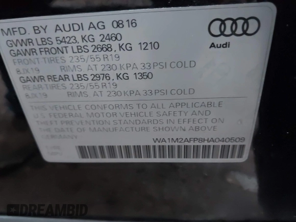 2017 Audi Q5 Premium Plus z VIN WA1M2AFP8HA040509, wystawiony jako IAAI lot #41130242 z przebiegiem 44 490 mil mil oraz . Historia ofert i sprzedaży dostępna na DreamBid. Obrazek 9.