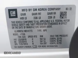 2022 Buick Encore GX Select с VIN KL4MMESL1NB141773, выставлен на аукционе IAAI как лот 42381986 с пробегом 22 982 миль миль и . История ставок и продаж доступна на DreamBid. Изображение 9.