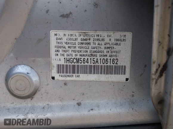2005 Honda Accord LX z VIN 1HGCM56415A106162, wystawiony jako IAAI lot #42119356 z przebiegiem Nie podano mil oraz . Historia ofert i sprzedaży dostępna na DreamBid. Obrazek 9.