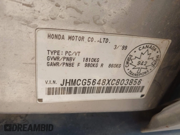 1999 Honda Accord LX z VIN JHMCG5648XC803856, wystawiony jako IAAI lot #42063037 z przebiegiem 254 421 mil mil oraz . Historia ofert i sprzedaży dostępna na DreamBid. Obrazek 9.