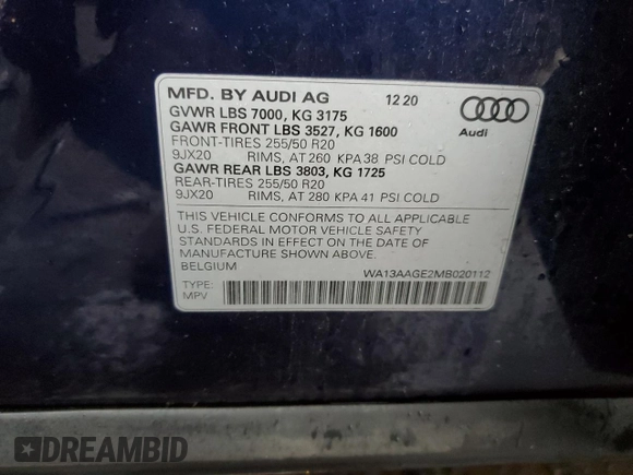 2021 Audi e-tron Sportback Prestige with VIN WA13AAGE2MB020112, listed as a Copart auction lot 44915684 with 35,147 mi miles and . Bid and sale history available at DreamBid. Image 14.