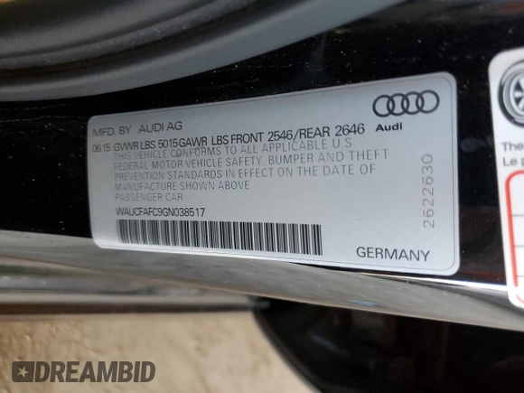 2016 Audi A6 2.0T Premium with VIN WAUCFAFC9GN038517, listed as a Copart auction lot 45761745 with 124,335 mi miles and Salvage Title. Bid and sale history available at carsss.com. Image 13.
