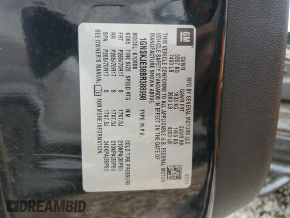 2011 Chevrolet Suburban LT with VIN 1GNSKJE38BR388998, listed as a Copart auction lot 52754685 with Not provided miles and Salvage title. Bid and sale history available at DreamBid. Image 13.