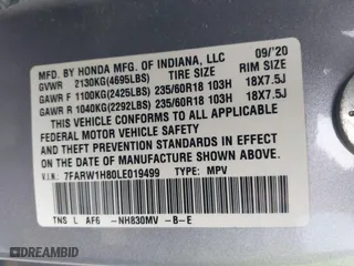 2020 Honda CR-V EX-L with VIN 7FARW1H80LE019499, listed as a IAAI auction lot 41561283 with 58,253 mi miles. Bid and sale history available at carsss.com. Image 9.