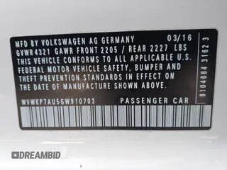 2016 Volkswagen Golf SE z VIN WVWKP7AU5GW910703, wystawiony jako IAAI lot #41871638 z przebiegiem 65 328 mil mil oraz . Historia ofert i sprzedaży dostępna na DreamBid. Obrazek 9.