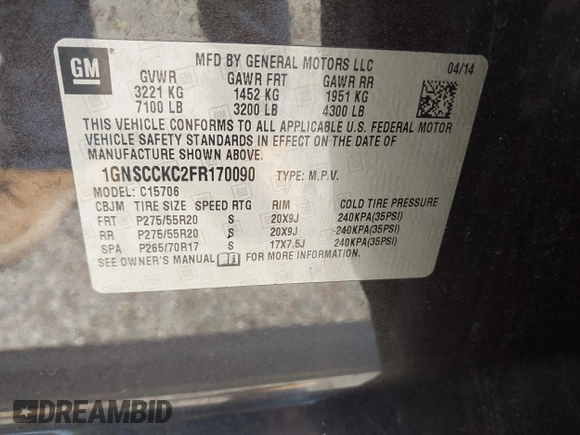 2015 Chevrolet Tahoe LTZ with VIN 1GNSCCKC2FR170090, listed as a IAAI auction lot 42616452 with 249,940 mi miles and . Bid and sale history available at DreamBid. Image 9.