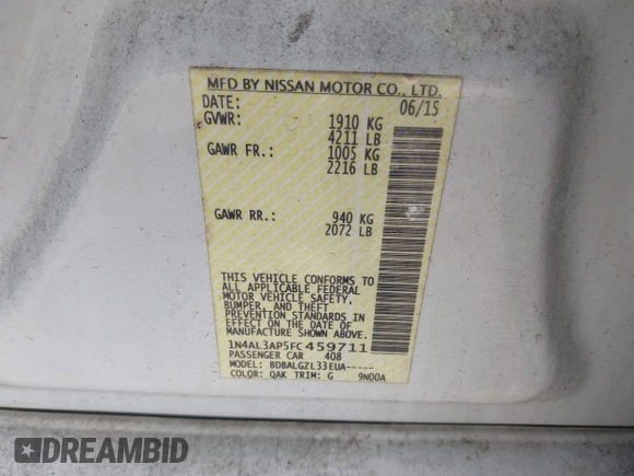 2015 Nissan Altima S with VIN 1N4AL3AP5FC459711, listed as a IAAI auction lot 42175139 with 146,952 mi miles and . Bid and sale history available at carsss.com. Image 9.