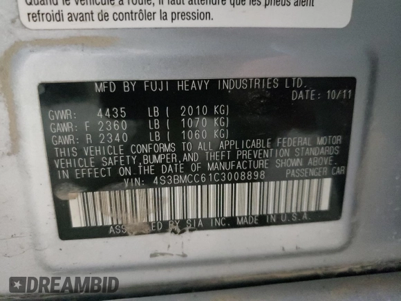 2012 Subaru Legacy Premium with VIN 4S3BMCC61C3008898, listed as a Copart auction lot 63504875 with 121,399 mi miles and Clean title. Bid and sale history available at DreamBid. Image 12.