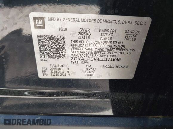 2020 GMC Terrain SLT with VIN 3GKALPEV4LL171645, listed as a IAAI auction lot 42029684 with 90,819 mi miles. Bid and sale history available at carsss.com. Image 8.