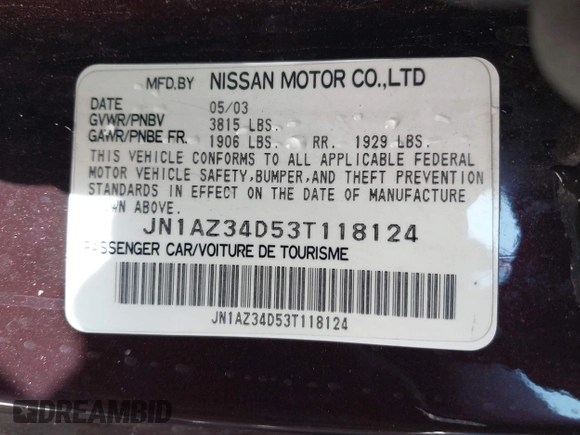2003 Nissan 350Z Enthusiast with VIN JN1AZ34D53T118124, listed as a IAAI auction lot 42108268 with 226,959 mi miles. Bid and sale history available at carsss.com. Image 9.