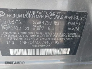 2012 Hyundai Sonata Limited with VIN 5NPEC4AC0CH469495, listed as a IAAI auction lot 42163156 with 99,000 mi miles and . Bid and sale history available at DreamBid. Image 9.