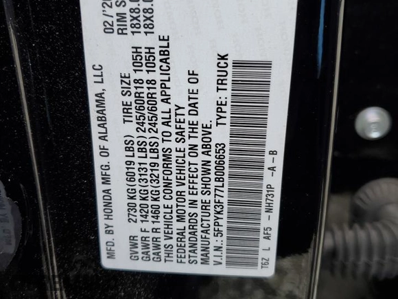 2020 Honda Ridgeline RTL-E with VIN 5FPYK3F77LB006653, listed as a Copart auction lot 52582995 with 20,727 mi miles and Salvage title. Bid and sale history available at DreamBid. Image 14.