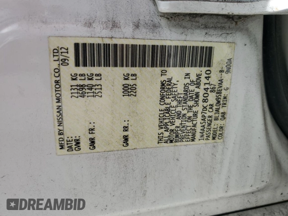 2013 Nissan Maxima SV z VIN 1N4AA5AP7DC804140, wystawiony jako Copart lot #62725345 z przebiegiem 123 264 mil mil oraz Szkoda całkowita • Salvage title. Historia ofert i sprzedaży dostępna na DreamBid. Obrazek 12.