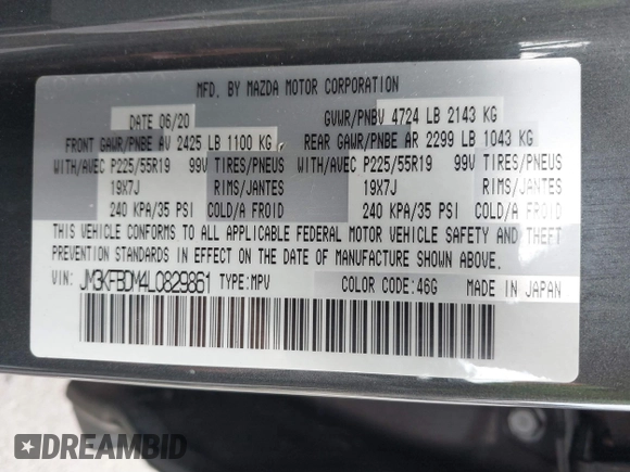 2020 Mazda CX-5 Grand Touring with VIN JM3KFBDM4L0829861, listed as a IAAI auction lot 41826250 with 62,091 mi miles and . Bid and sale history available at carsss.com. Image 9.