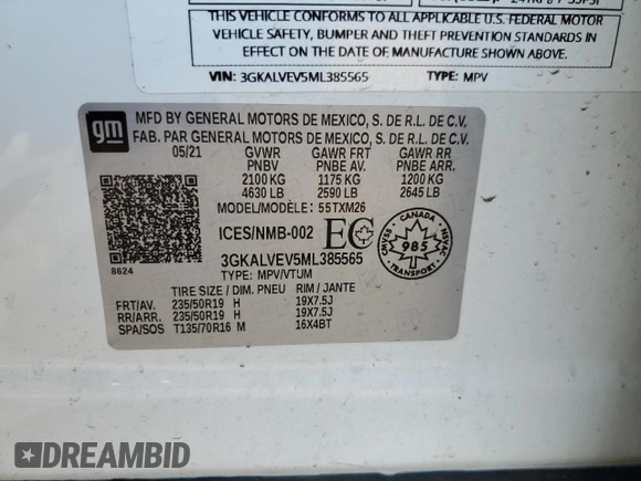 2021 GMC Terrain SLT with VIN 3GKALVEV5ML385565, listed as a Copart auction lot 60694045 with 109,930 mi miles and Non repairable. Bid and sale history available at DreamBid. Image 13.